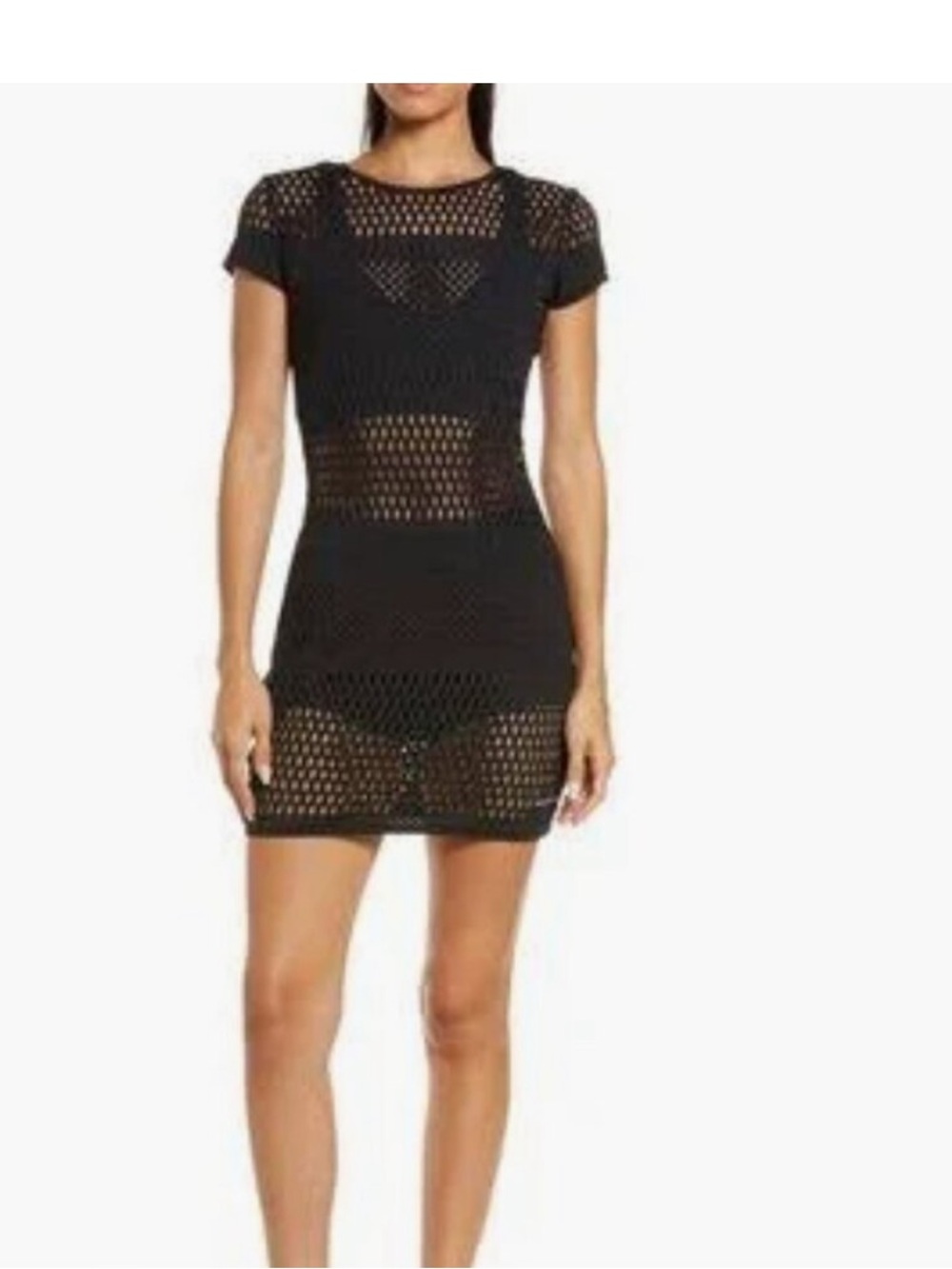 ALO Yoga Black Open-Knit Short Sleeve Mini Dress - Picture 2 of 7